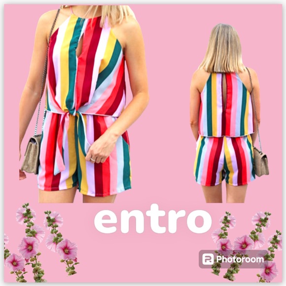 💖 Too CUTE “entro” multi colored romper spaghetti straps in great condition SZ L - Picture 1 of 9